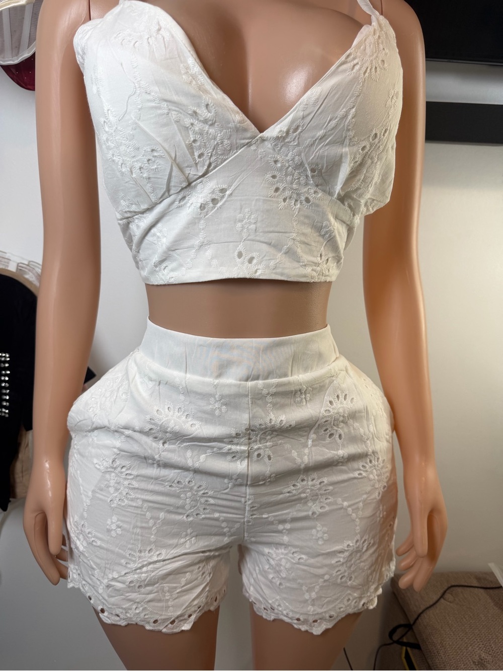 White Eyelet Two-Piece Crop Top and Shorts Set